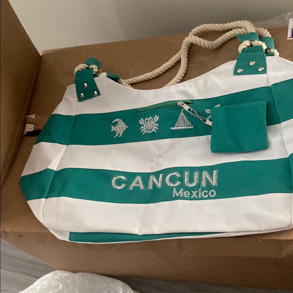 Cancun Striped Green and White Tote Bag